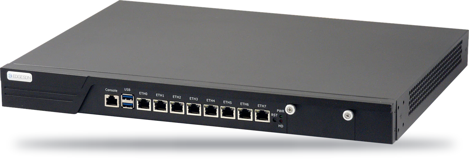 Edge Probe, a black 1U rack unit with a console port, two USB ports and eight Ethernet ports ETH0 to ETH7.