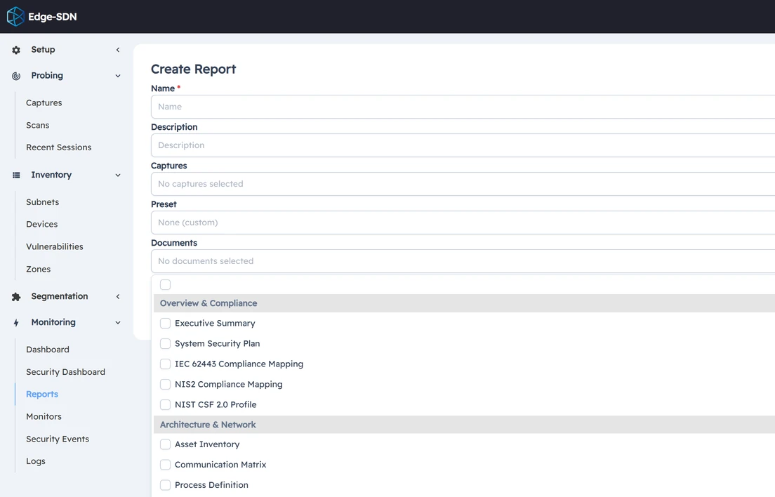 The Edge SDN console, Create Report: the documents to include, grouped as overview (executive summary, system security plan, IEC 62443 and NIS2 mapping, NIST CSF 2.0 profile) and architecture and network (asset inventory, communication matrix, process definition).