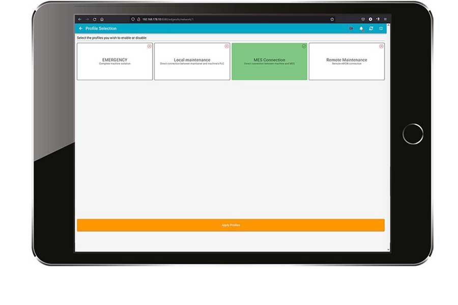 A tablet shows four network profiles: Emergency, Local maintenance, MES connection (active) and Remote maintenance, with an Apply profiles button.