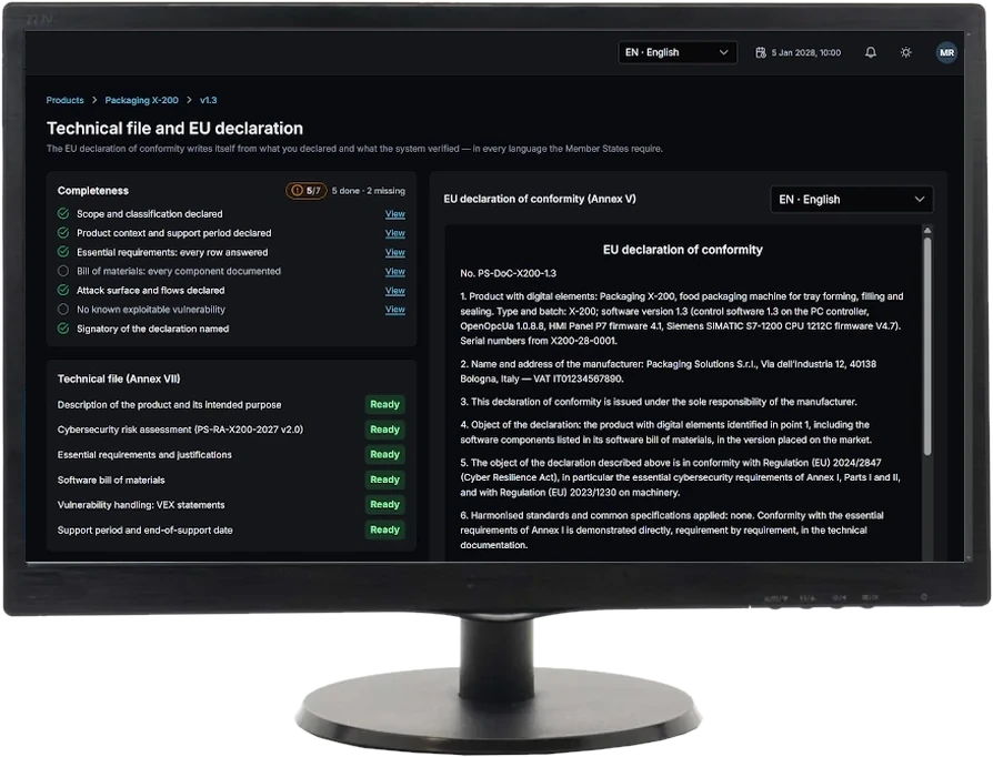 Shield Lifecycle on a monitor: the technical file of one product and its EU declaration of conformity.