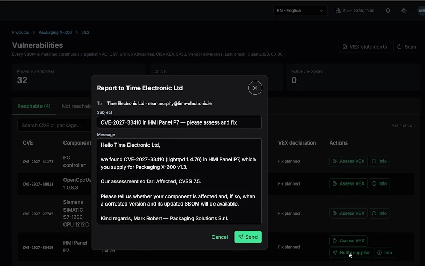 Shield Lifecycle drafts a message to the supplier of an affected component: the CVE, the product version, the assessment so far, and the request for a fixed version and its updated SBOM.